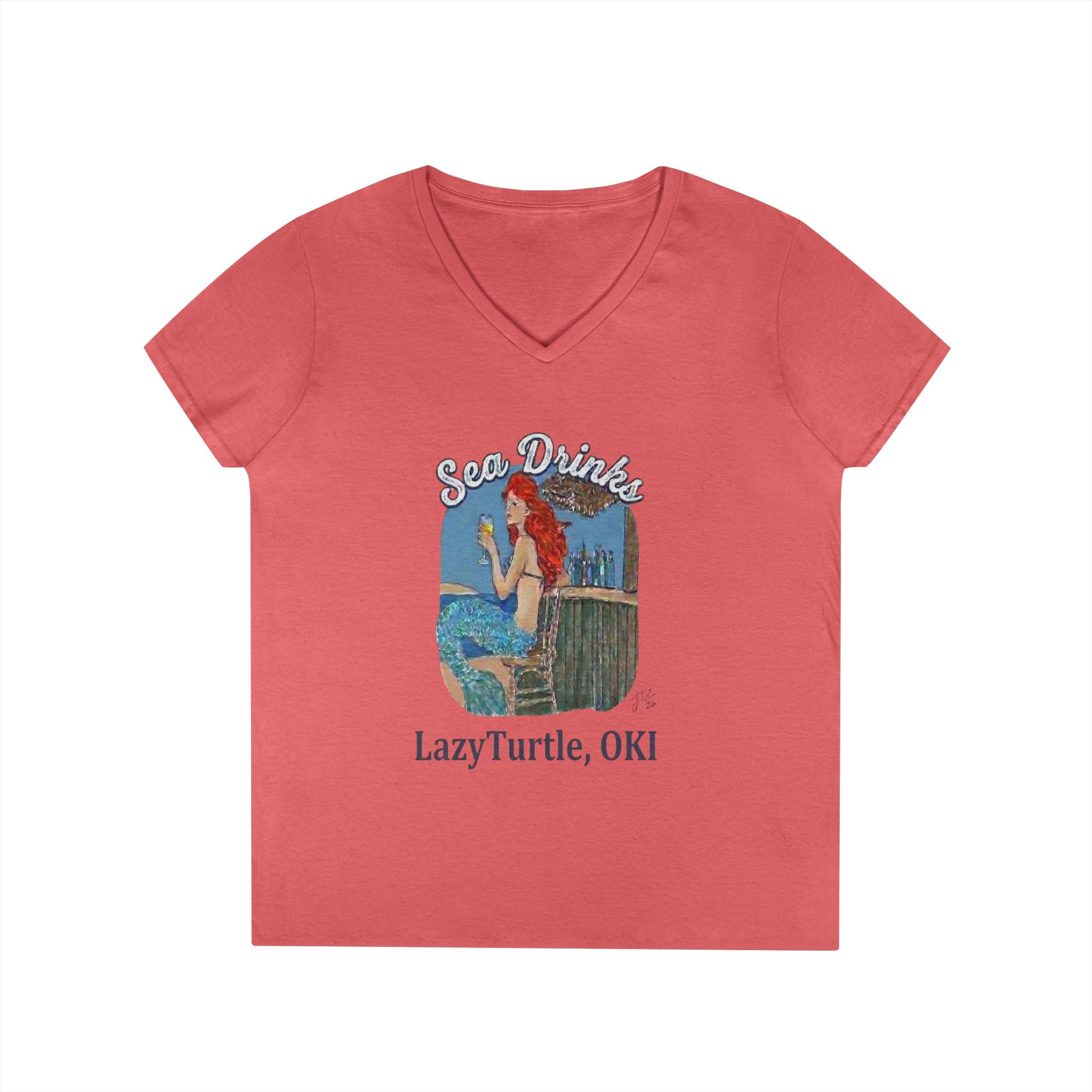 Sea Drinks Mermaid V-Neck T-Shirt — Lazy Turtle OKI Coastal Graphic Tee