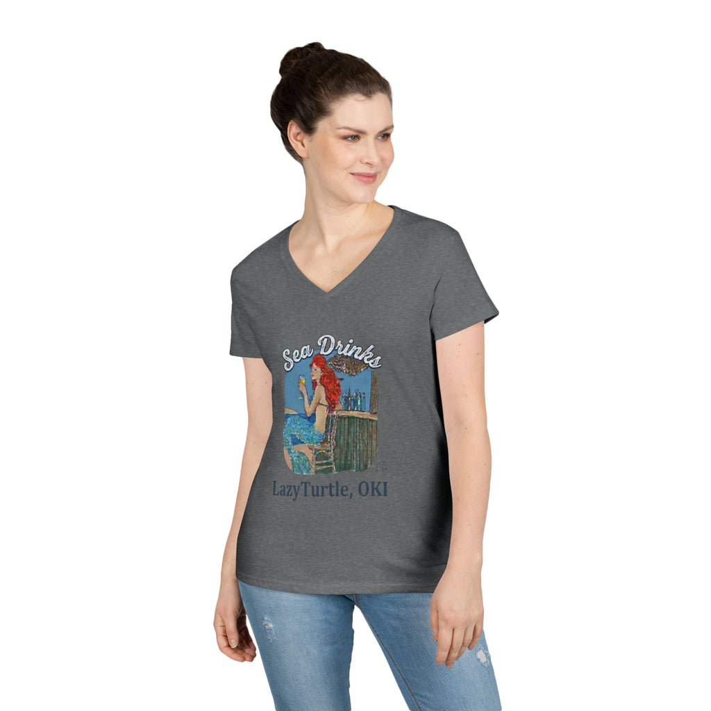 Sea Drinks Mermaid V-Neck T-Shirt — Lazy Turtle OKI Coastal Graphic Tee