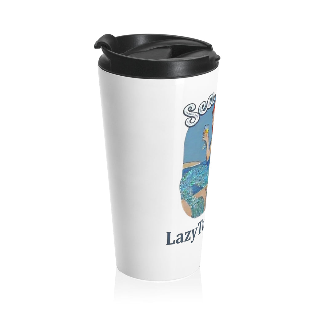 Travel Mug — "Sea Drinks" Mermaid Beach Bar Stainless Steel Tumbler