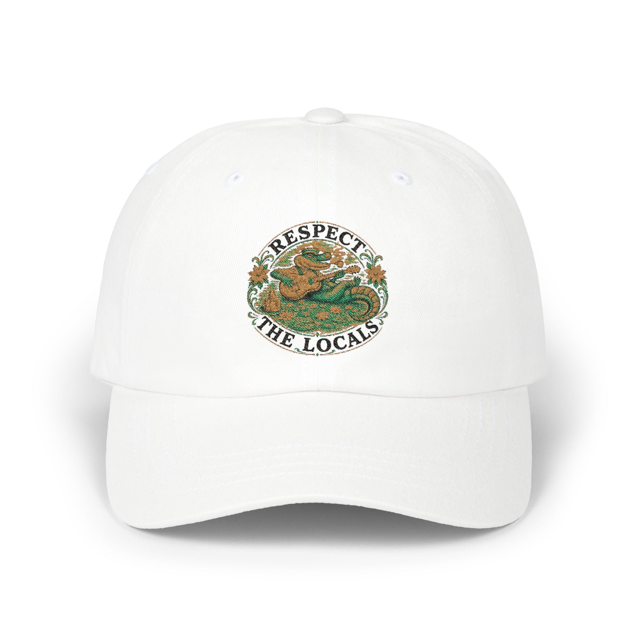 Respect The Locals Dad Cap — Embroidered Beach Vibes Hat (Back Reads "Art of OKI NC")