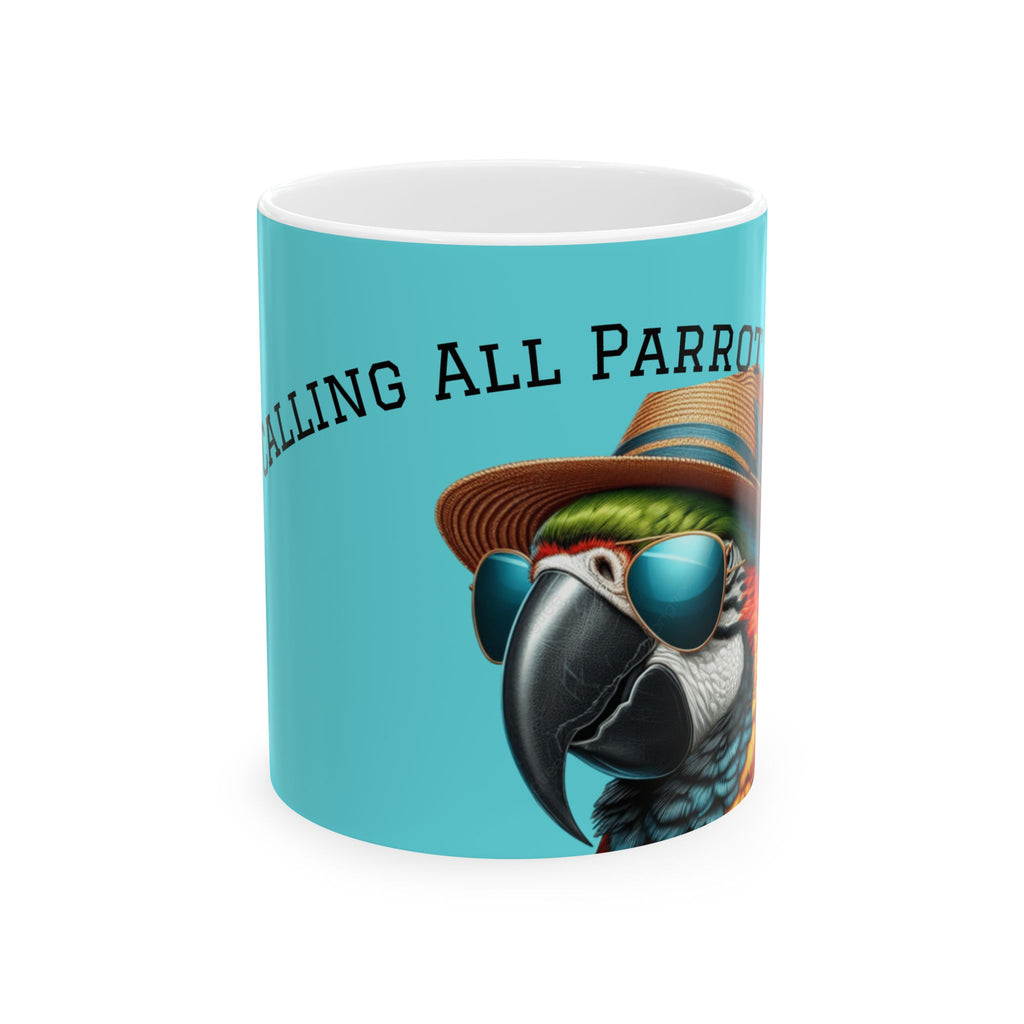 Parrot Lover Mug – Colorful Tropical Parrot with Sunglasses & 'Calling All Parrot Heads' Text