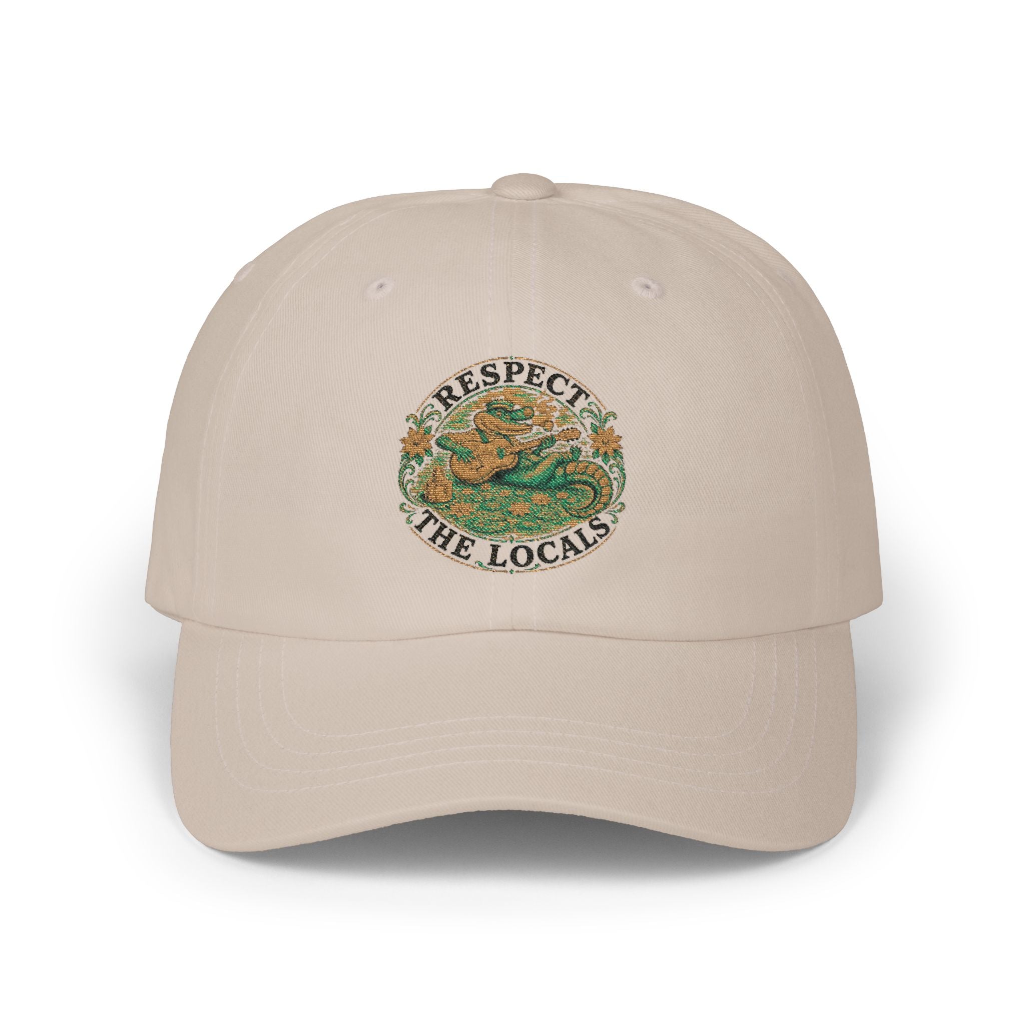 Respect The Locals Dad Cap — Embroidered Beach Vibes Hat (Back Reads "Art of OKI NC")