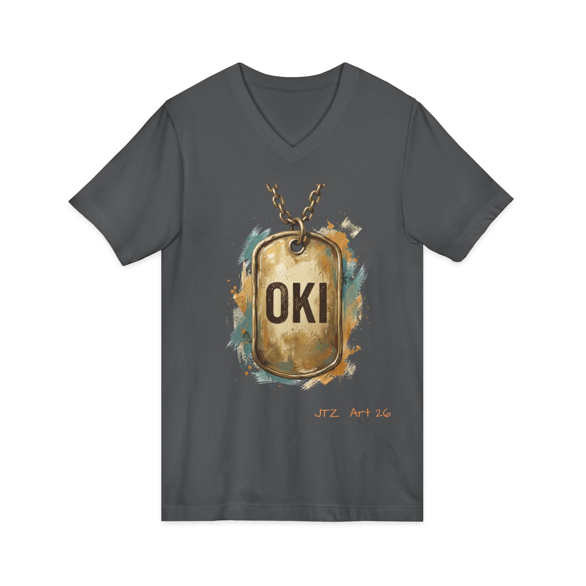OKI Dog Tag V-Neck Tee — Vintage Military-Inspired Graphic Shirt