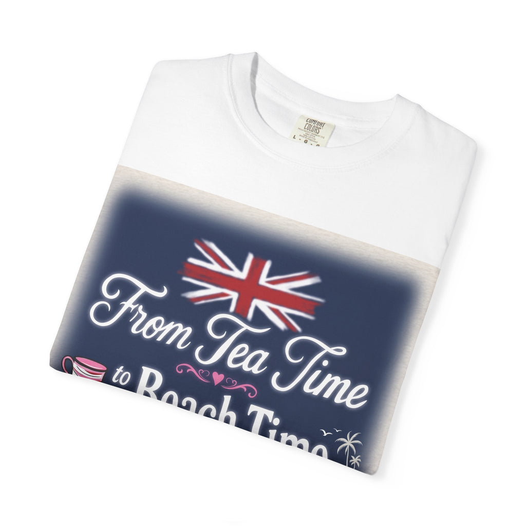 Tea Time to Beach Time T‑Shirt — British Flag & Tea Graphic